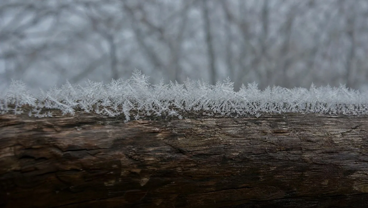 Raureif auf einer steinernen Balustrade und eine Eiskruste an einem Geländer, fotografiert an einem Februarmorgen im Ammergau