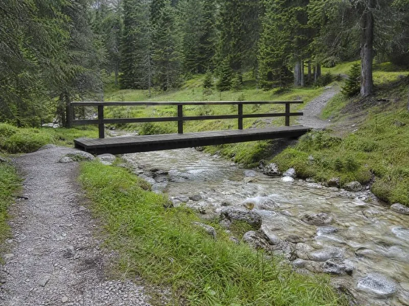 A plain timber footbridge over a clear mountain brook, a gravel path leading to it